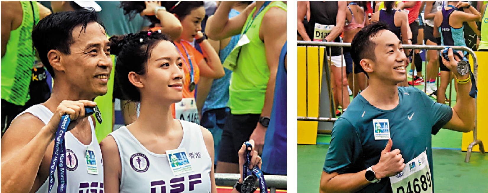 　　左圖：蔡思貝（右）與其長跑師父吳輝揚合照。\大公報記者梁潤森攝；右圖：曹星如向記者展示紀念獎牌。\大公報記者梁潤森攝