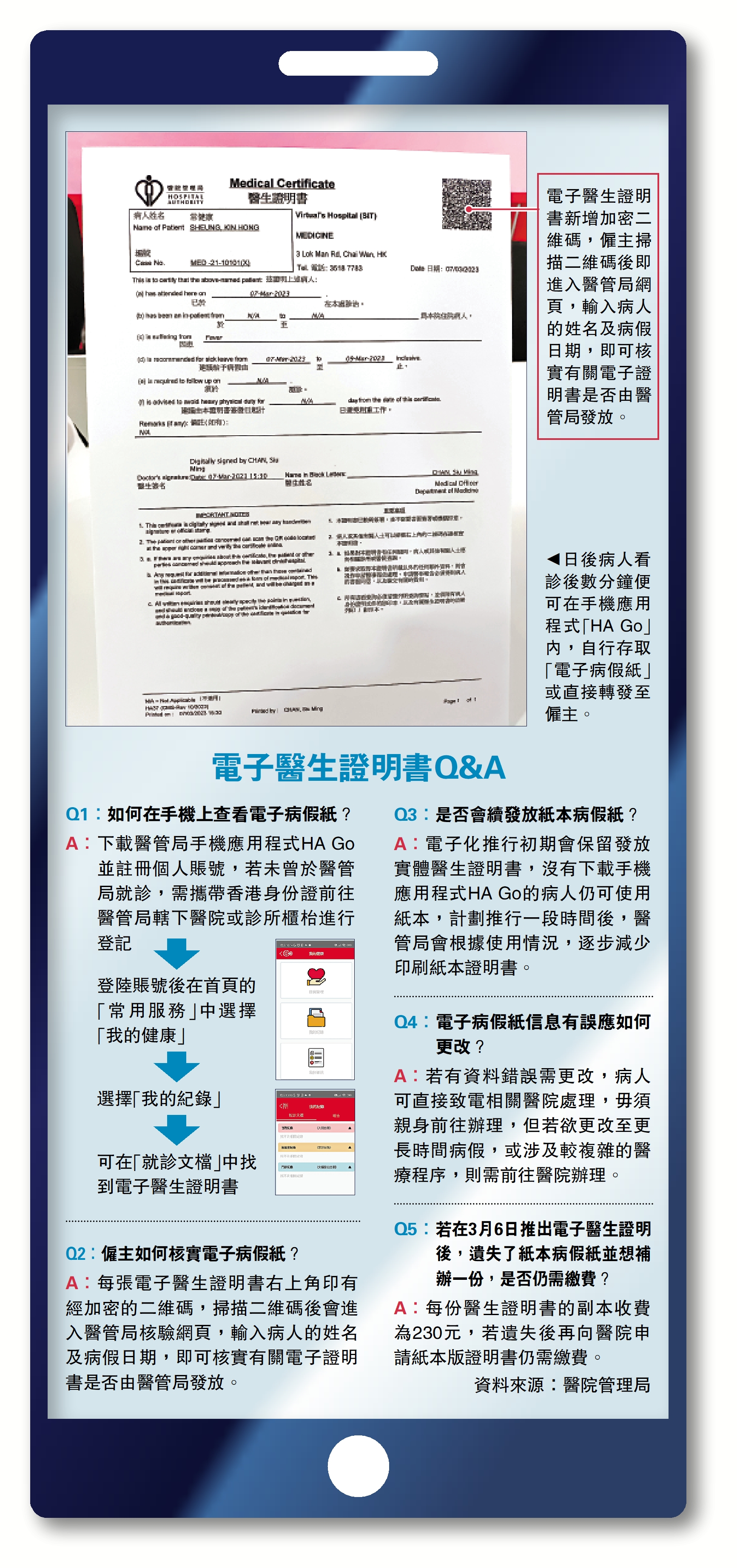 　　圖：日後病人看診後數分鐘便可在手機應用程式「HA Go」內，自行存取「電子病假紙」或直接轉發至僱主。
