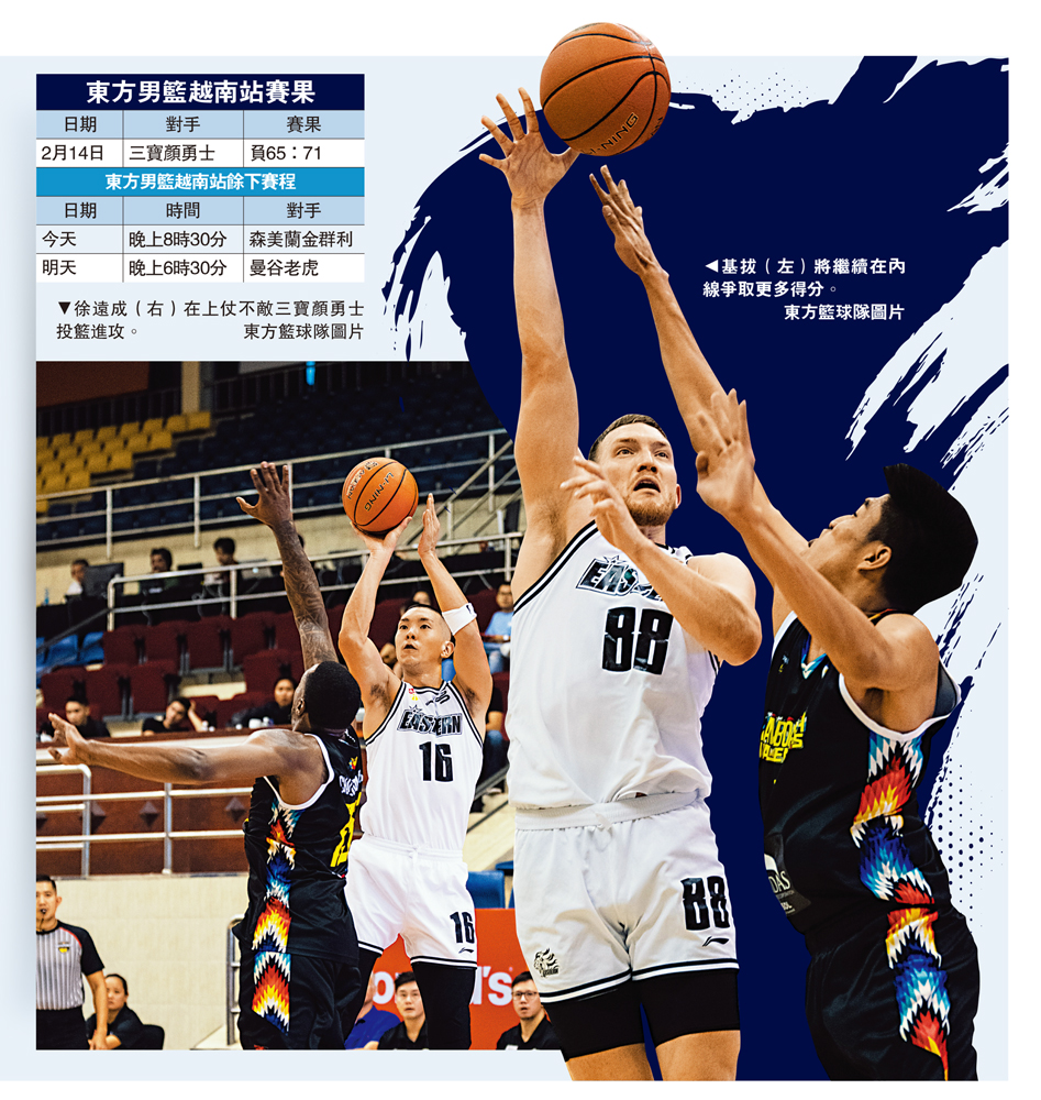   左圖：徐遠成（右）在上仗不敵三寶顏勇士投籃進攻。右圖：基拔（左）將繼續在內線爭取更多得分。\東方籃球隊圖片