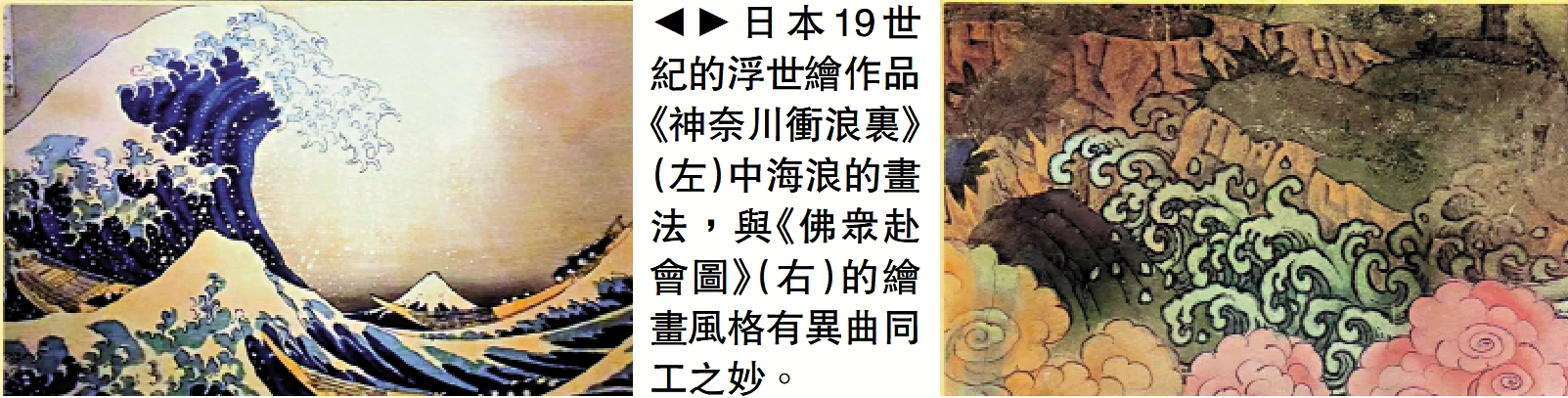 　　圖：日本19世紀的浮世繪作品《神奈川衝浪裏》（左）中海浪的畫法，與《佛眾赴會圖》（右）的繪畫風格有異曲同工之妙。