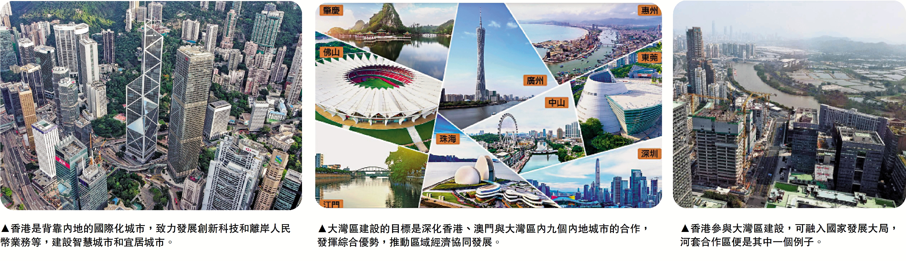 　　左圖：香港是背靠內地的國際化城市，致力發展創新科技和離岸人民幣業務等，建設智慧城市和宜居城市。中圖：大灣區建設的目標是深化香港、澳門與大灣區內九個內地城市的合作，發揮綜合優勢，推動區域經濟協同發展。右圖：香港參與大灣區建設，可融入國家發展大局，河套合作區便是其中一個例子。
