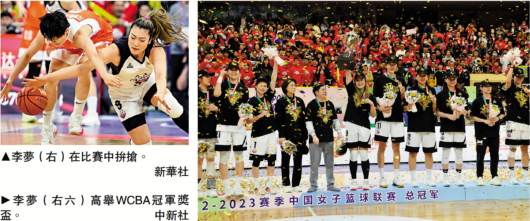 　　左圖：李夢（右）在比賽中拚搶。\新華社；右圖：李夢（右六）高舉WCBA冠軍獎盃。\中新社