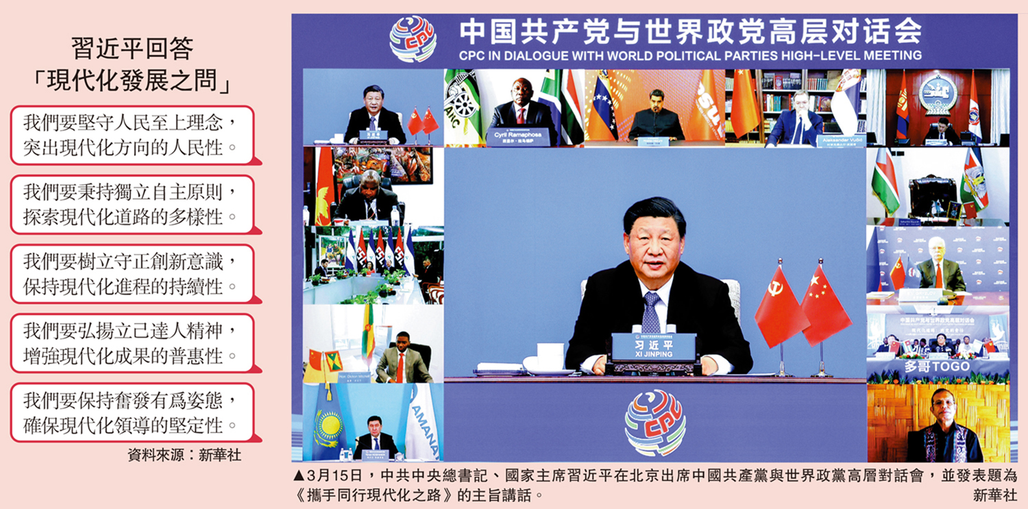 　　圖：3月15日，中共中央總書記、國家主席習近平在北京出席中國共產黨與世界政黨高層對話會，並發表題為《攜手同行現代化之路》的主旨講話。\新華社