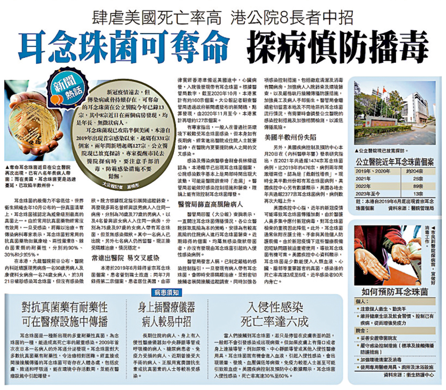 　　圖：《大公報》日前報道耳念珠菌可奪命，探病慎防播毒。