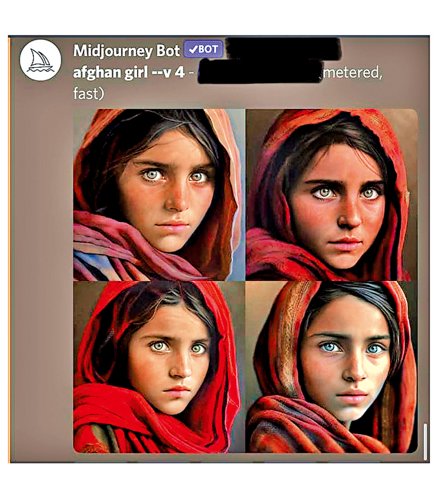 　　圖：人工智能繪圖軟件Midjourney利用著名照片《阿富汗女孩》生成的新作品，有藝術家認為存在侵權嫌疑。\網絡圖片