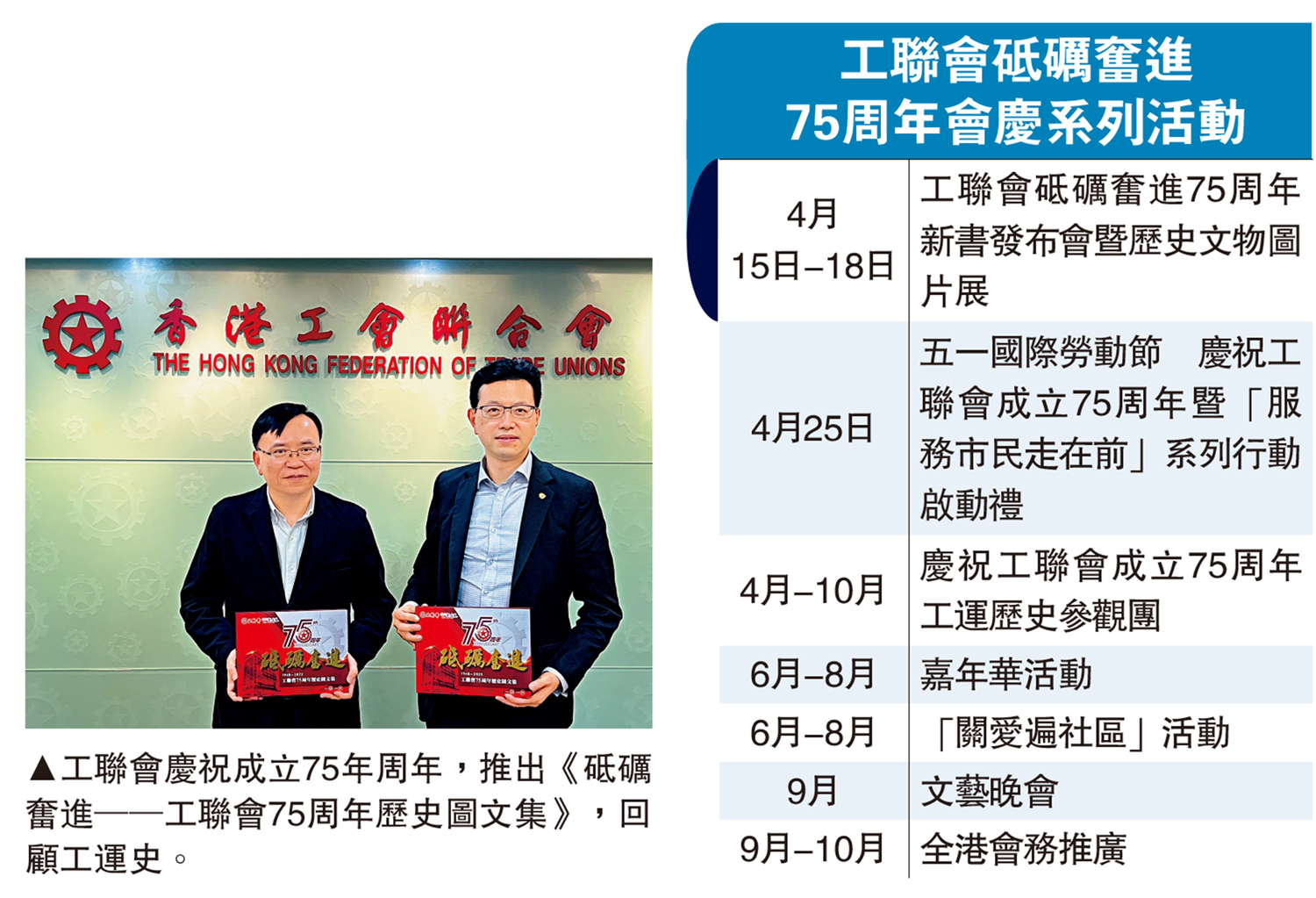 　　圖：工聯會慶祝成立75年周年，推出《砥礪奮進──工聯會75周年歷史圖文集》，回顧工運史。