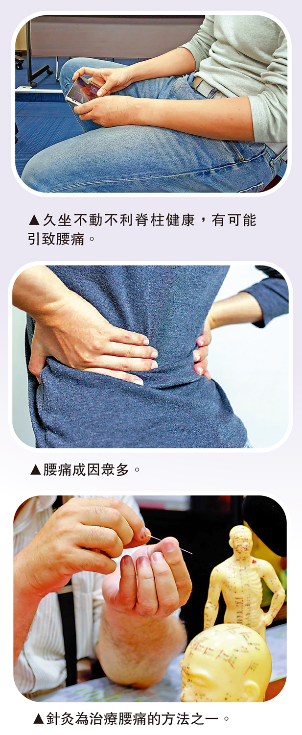 　　圖：（上）久坐不動不利脊柱健康，有可能引致腰痛。（中）腰痛成因眾多。（下）針灸為治療腰痛的方法之一。