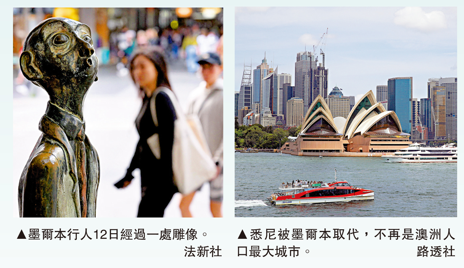 　　左圖：墨爾本行人12日經過一處雕像。\法新社；右圖：悉尼被墨爾本取代，不再是澳洲人口最大城市。\路透社