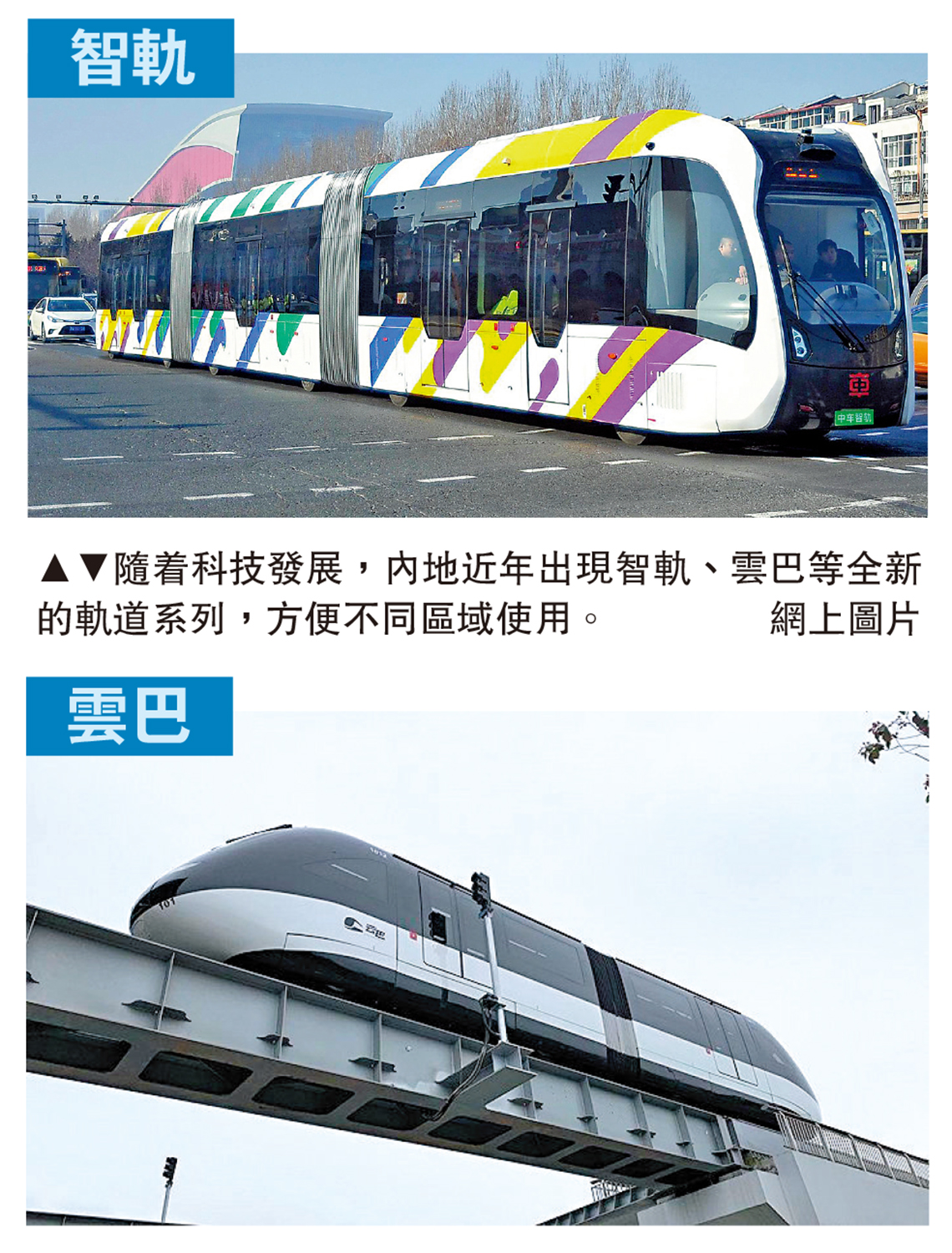 　　圖：隨着科技發展，內地近年出現智軌、雲巴等全新的軌道系列，方便不同區域使用。\網上圖片