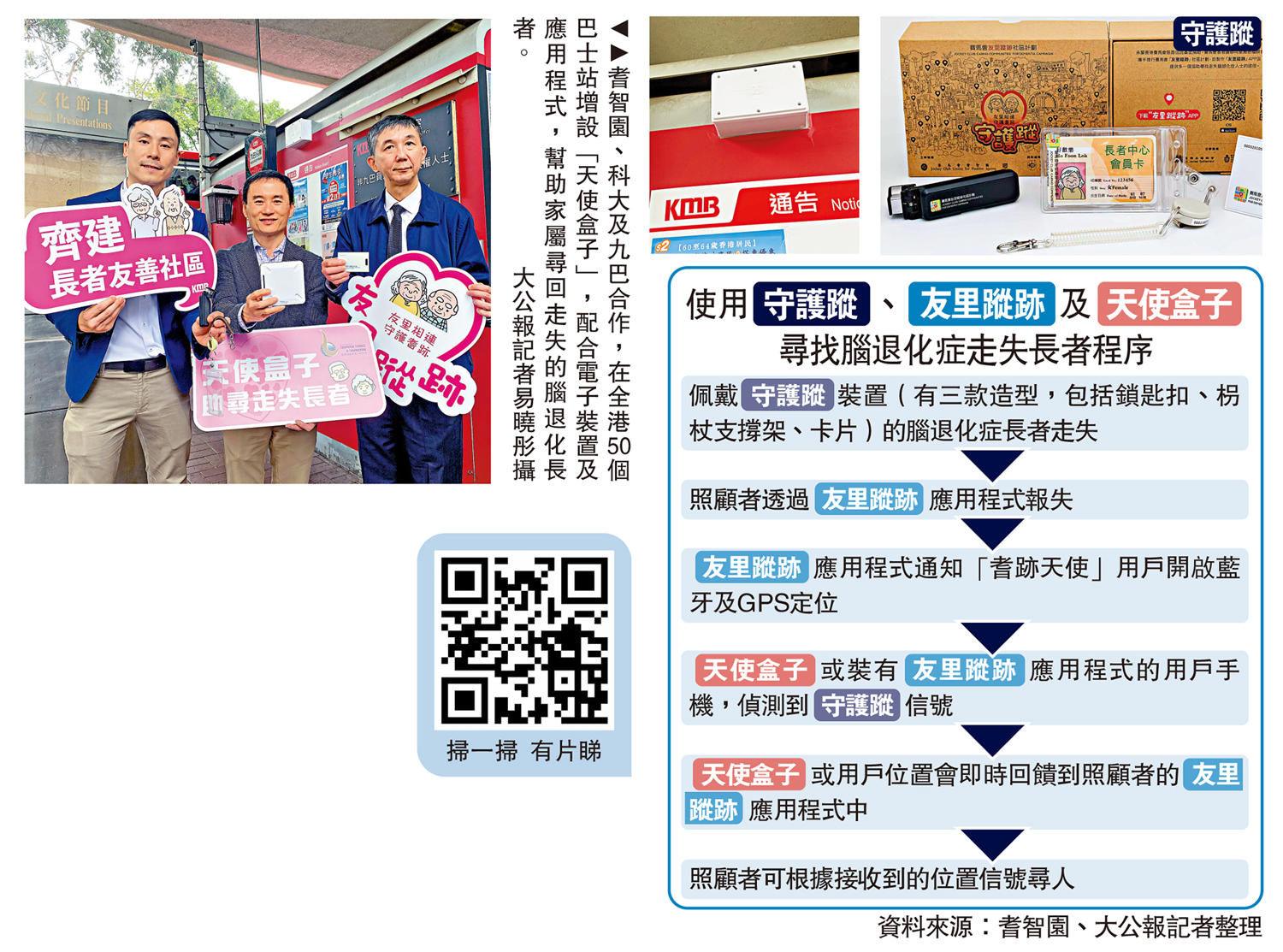 　　圖：耆智園、科大及九巴合作，在全港50個巴士站增設「天使盒子」，配合電子裝置及應用程式，幫助家屬尋回走失的腦退化長者。 大公報記者易曉彤攝