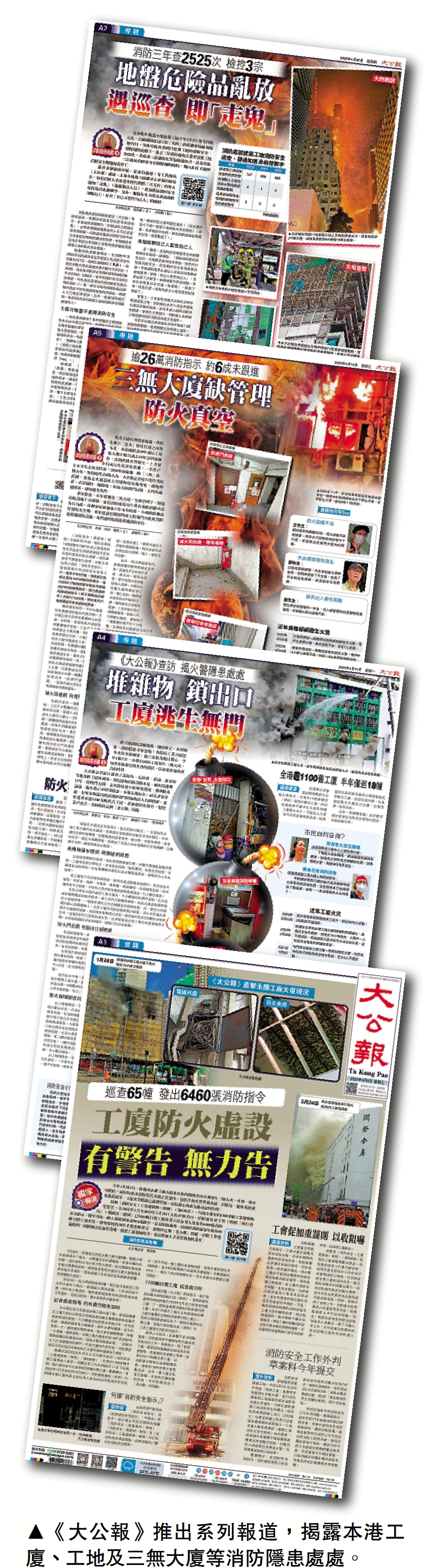 　　圖：《大公報》推出系列報道，揭露本港工廈、工地及三無大廈等消防隱患處處。