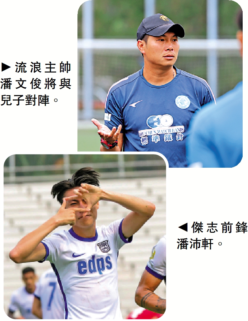 　　上圖：流浪主帥潘文俊將與兒子對陣。下圖：傑志前鋒潘沛軒。