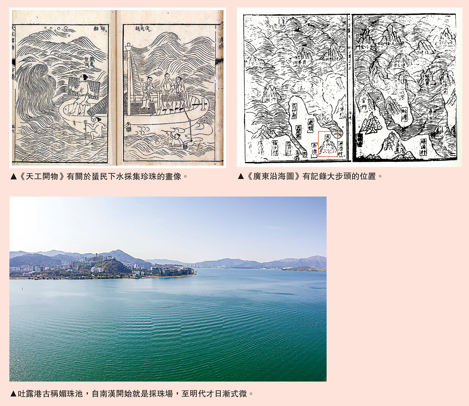 　　上圖：吐露港古稱媚珠池，自南漢開始就是採珠場，至明代才日漸式微。左下圖：《天工開物》有關於蜑民下水採集珍珠的畫像。右下圖：《廣東沿海圖》有記錄大步頭的位置。