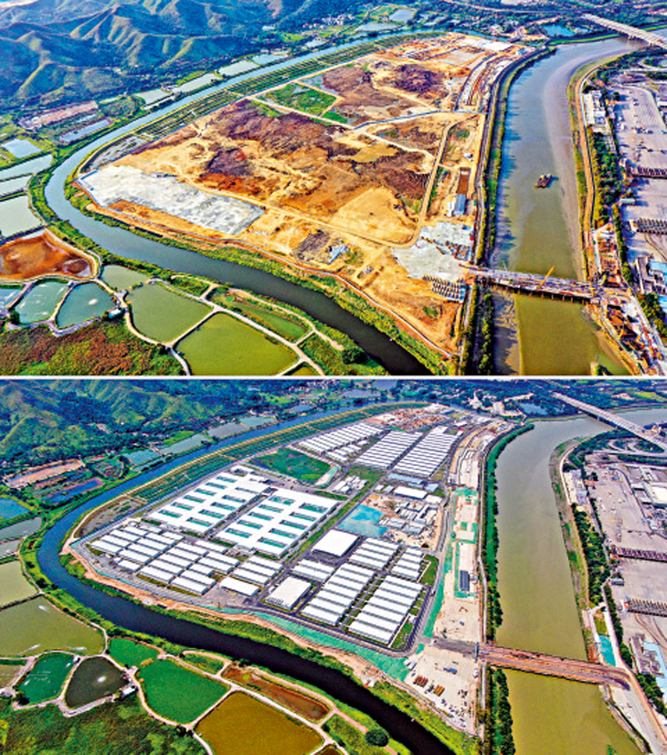 　　圖：中央援港應急醫院和落馬洲方艙設施項目完工前後對比。\新華社