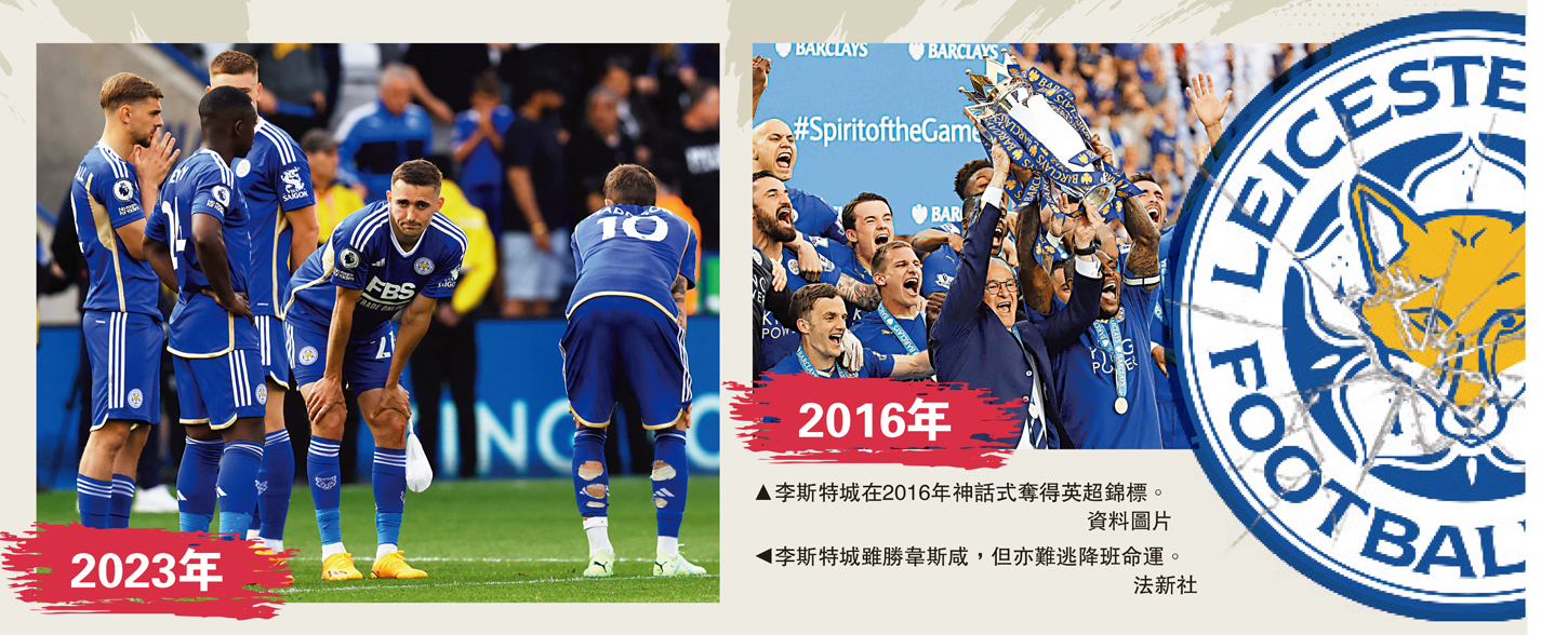 左圖:李斯特城雖勝韋斯咸,但亦難逃降班命運。\法新社;右圖:李斯特城在2016年神話式奪得英超錦標。\資料圖片