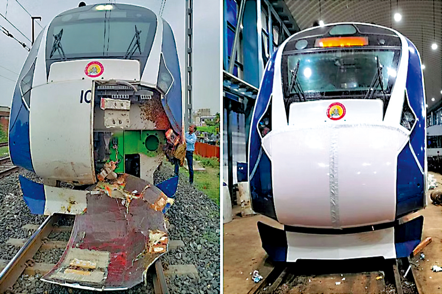 　　圖：印度「半高鐵」被牛撞出大洞。\網絡圖片