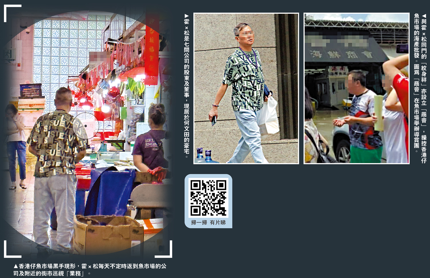 　　圖：（左）香港仔魚市場黑手現形，霍×松每天不定時返到魚市場的公司及附近的街市巡視「業務」。（中）霍×松是七間公司的股東及董事，現居於何文田的豪宅。（右）與霍×松同門的「紋身祥」亦設立「商會」，操控香港仔魚市場的海產批發。圖為「商會」在魚市場舉辦導賞團。
