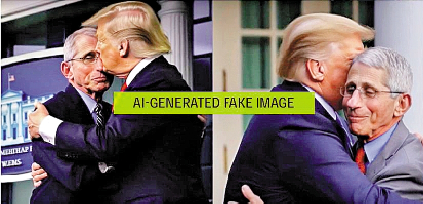 　　圖：「特朗普擁抱和親吻福奇」照片是AI生成的假圖片。 網絡圖片