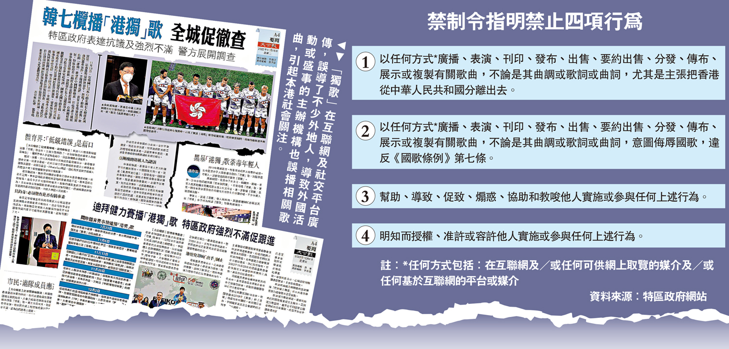 　　圖：「獨歌」在互聯網及社交平台廣傳，誤導了不少外地人，導致外國活動或盛事的主辦機構也誤播相關歌曲，引起本港社會關注。