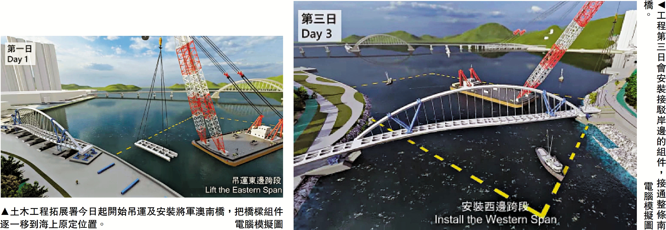 　　左圖：土木工程拓展署今日起開始吊運及安裝將軍澳南橋，把橋樑組件逐一移到海上原定位置。\電腦模擬圖  右圖：工程第三日會安裝接駁岸邊的組件，接通整條南橋。\電腦模擬圖