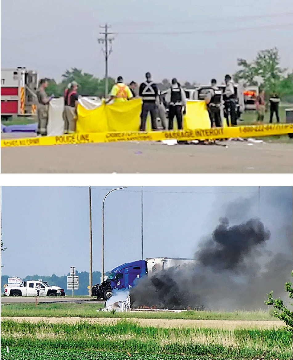 　　上圖：警方15日封鎖了車禍現場。\路透社；下圖：加拿大車禍現場有濃煙冒出。\法新社