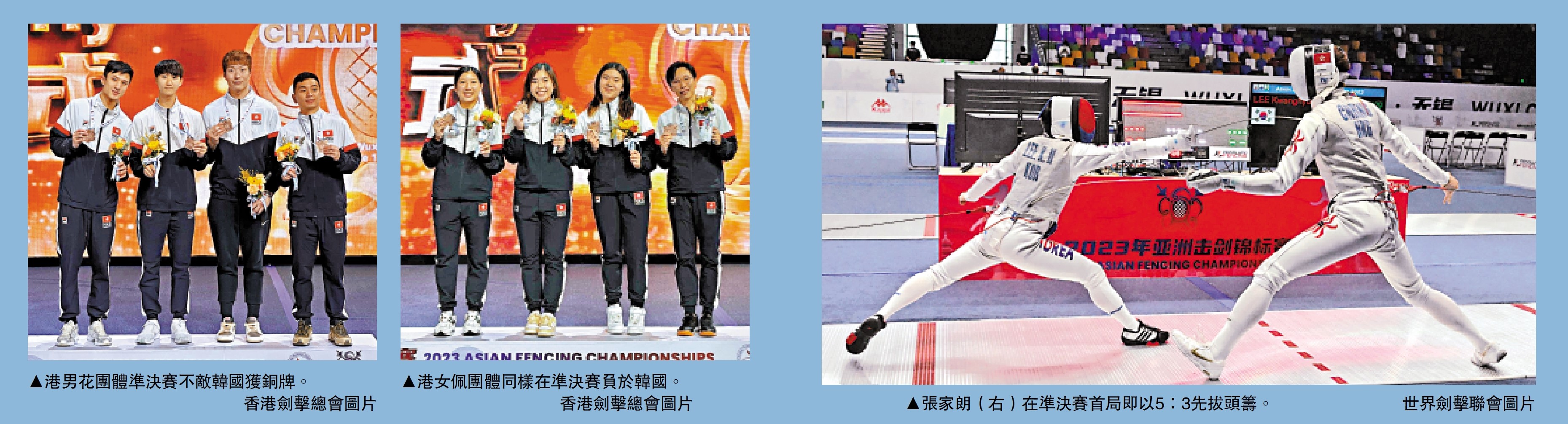 　　左圖：港男花團體準決賽不敵韓國獲銅牌。\香港劍擊總會圖片；中圖：港女佩團體同樣在準決賽負於韓國。\香港劍擊總會圖片；右圖：張家朗（右）在準決賽首局即以5：3先拔頭籌。\世界劍擊聯會圖片