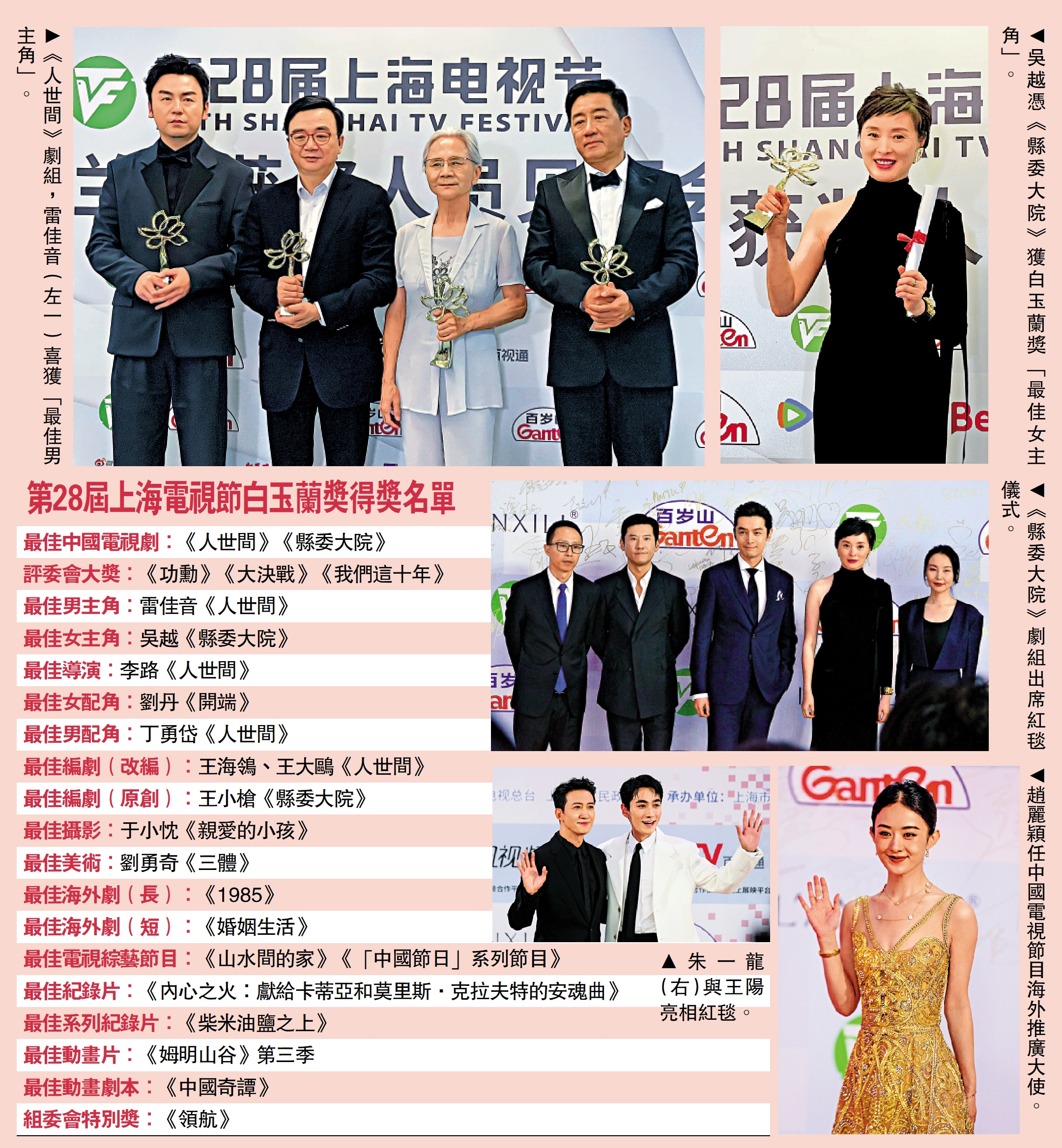 　　圖：第28屆上海電視節白玉蘭獎得獎名單