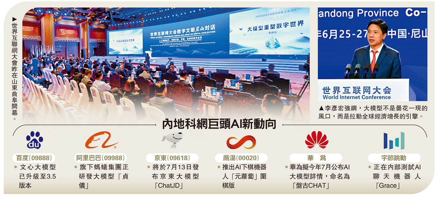 　　左圖：世界互聯網大會昨在山東曲阜開幕。右圖：李彥宏強調，大模型不是曇花一現的風口，而是拉動全球經濟增長的引擎。