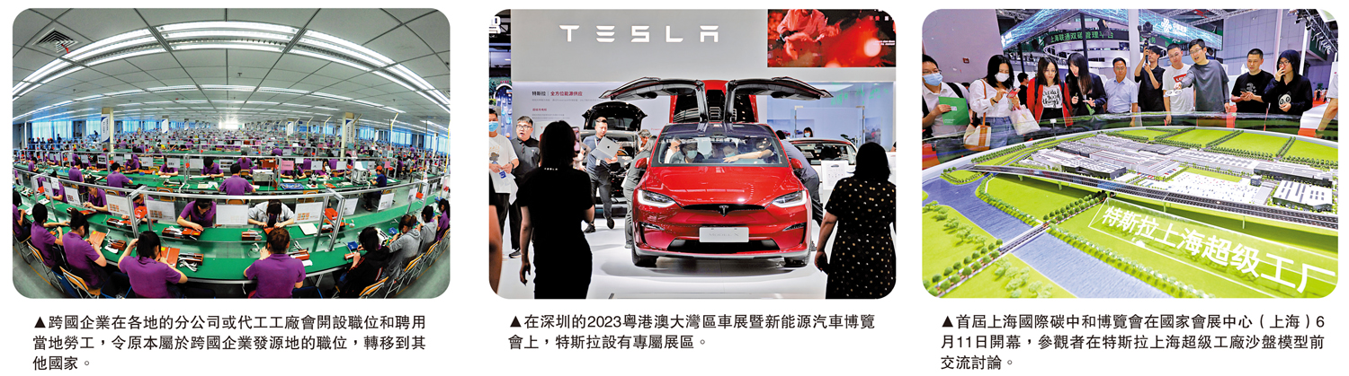 　　圖：（左）跨國企業在各地的分公司或代工工廠會開設職位和聘用當地勞工，令原本屬於跨國企業發源地的職位，轉移到其他國家。（中）在深圳的2023粵港澳大灣區車展暨新能源汽車博覽會上，特斯拉設有專屬展區。（右）首屆上海國際碳中和博覽會在國家會展中心（上海）6月11日開幕，參觀者在特斯拉上海超級工廠沙盤模型前交流討論。 
