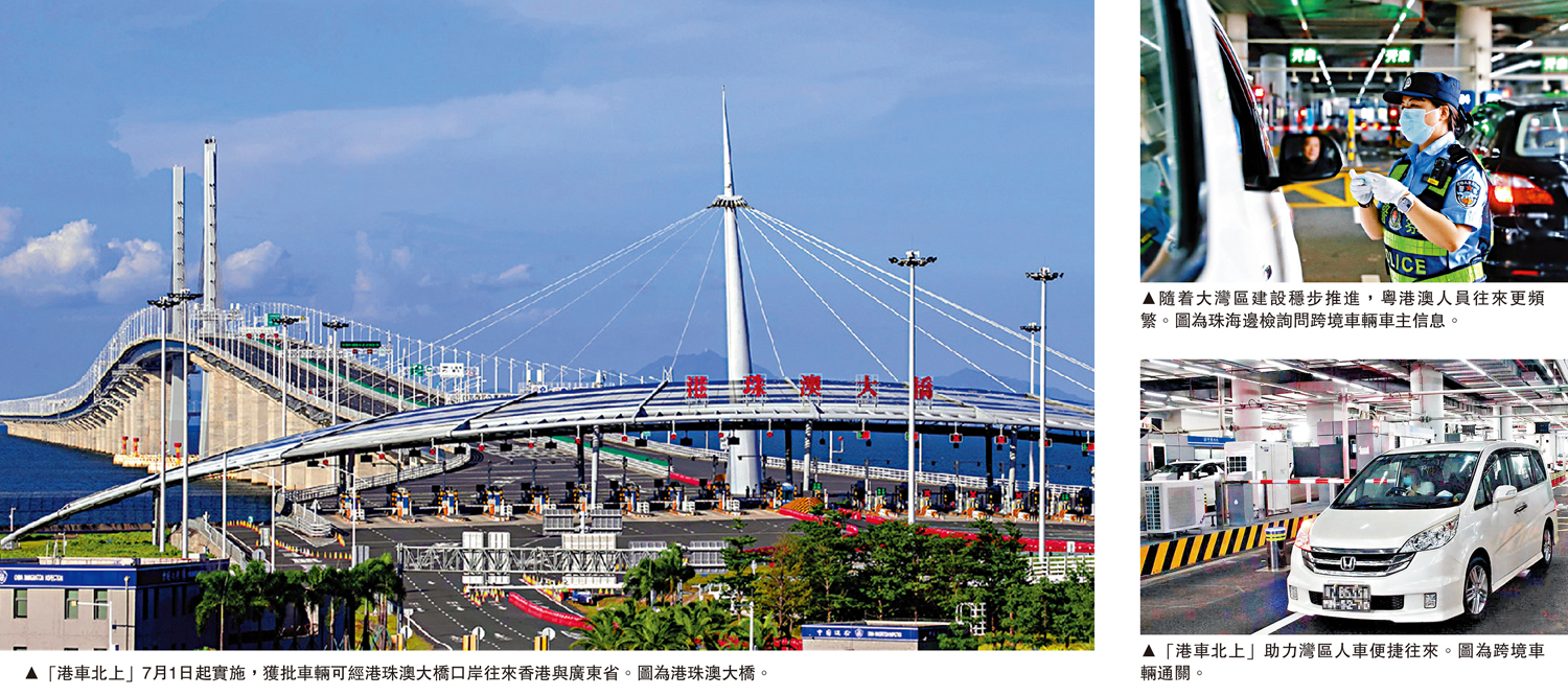 　　左圖：「港車北上」7月1日起實施，獲批車輛可經港珠澳大橋口岸往來香港與廣東省。圖為港珠澳大橋。右上圖：隨着大灣區建設穩步推進，粵港澳人員往來更頻繁。圖為珠海邊檢詢問跨境車輛車主信息。右下圖：「港車北上」助力灣區人車便捷往來。圖為跨境車輛通關。