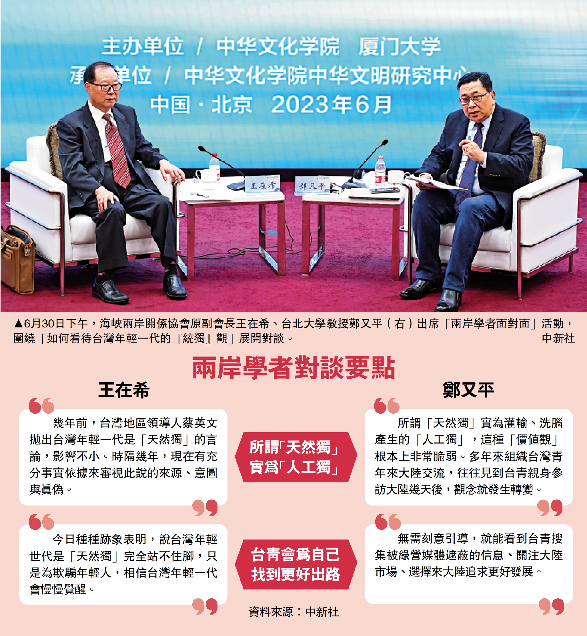 　　圖：6月30日下午，海峽兩岸關係協會原副會長王在希、台北大學教授鄭又平（右）出席「兩岸學者面對面」活動，圍繞「如何看待台灣年輕一代的『統獨』觀」展開對談。\中新社