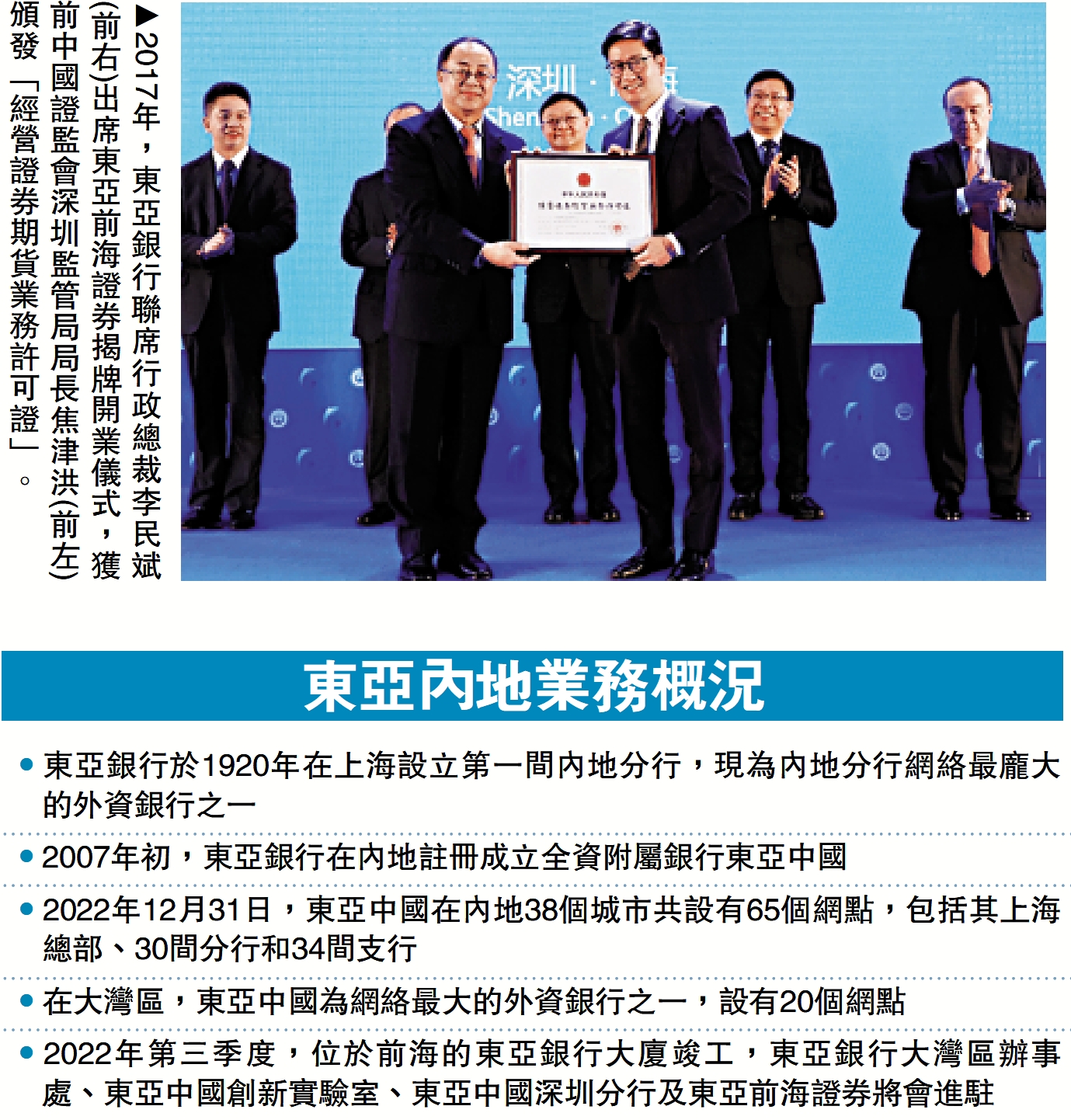 　　圖：2017年，東亞銀行聯席行政總裁李民斌(前右)出席東亞前海證券揭牌開業儀式，獲前中國證監會深圳監管局局長焦津洪(前左)頒發「經營證券期貨業務許可證」。