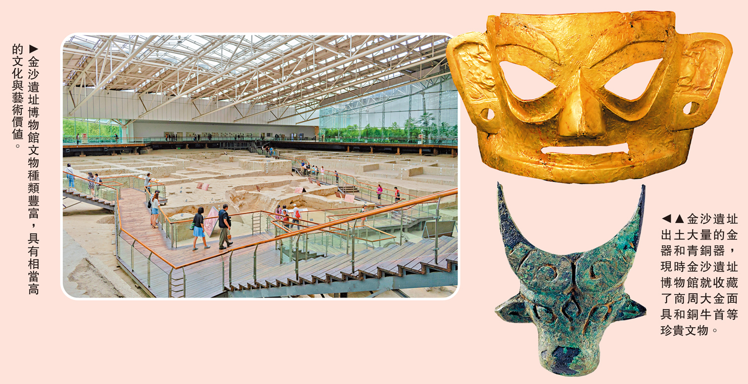 　　左圖：金沙遺址博物館文物種類豐富，具有相當高的文化與藝術價值。右圖：金沙遺址出土大量的金器和青銅器，現時金沙遺址博物館就收藏了商周大金面具和銅牛首等珍貴文物。