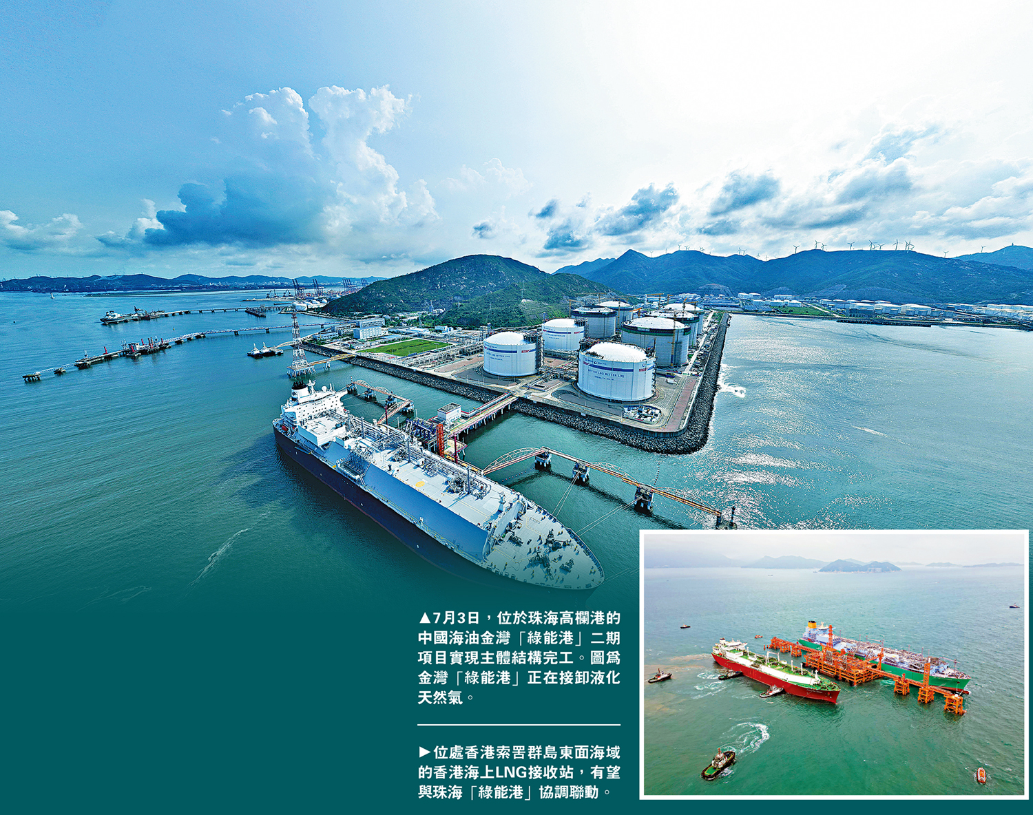 　　上圖：7月3日，位於珠海高欄港的中國海油金灣「綠能港」二期項目實現主體結構完工。圖為金灣「綠能港」正在接卸液化天然氣。下圖：位處香港索罟群島東面海域的香港海上LNG接收站，有望與珠海「綠能港」協調聯動。