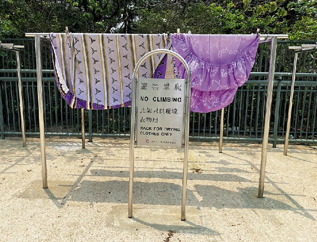 　　圖：彩雲（一）邨內設有晾曬架供市民使用，並有告示牌指明用途。