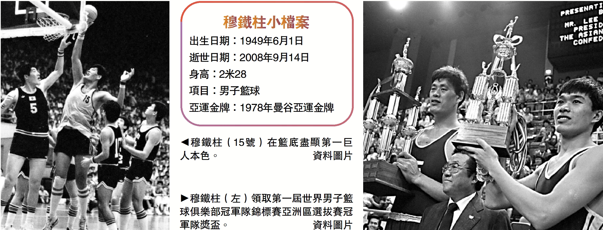 　　左圖：穆鐵柱（15號）在籃底盡顯第一巨人本色。右圖：穆鐵柱（左）領取第一屆世界男子籃球俱樂部冠軍隊錦標賽亞洲區選拔賽冠軍隊獎盃。\資料圖片