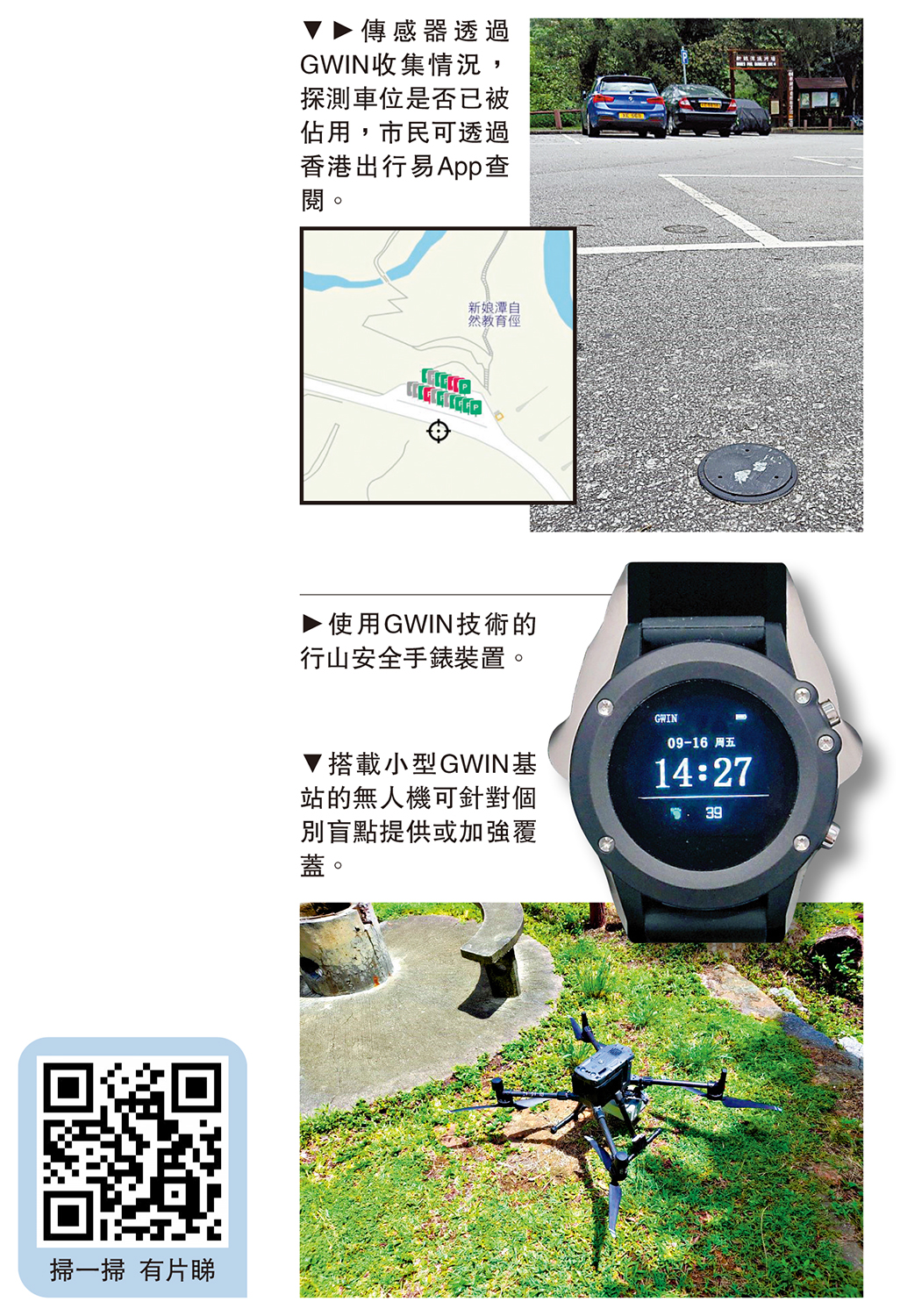 　　圖：（上）傳感器透過GWIN收集情況，探測車位是否已被佔用，市民可透過香港出行易App查閱。（中）使用GWIN技術的行山安全手錶裝置。（下）搭載小型GWIN基站的無人機可針對個別盲點提供或加強覆蓋。