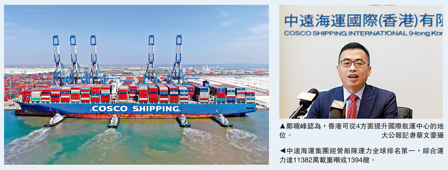 　　左圖：中遠海運集團經營船隊運力全球排名第一，綜合運力達11382萬載重噸或1394艘。右圖：鄭曉峰認為，香港可從4方面提升國際航運中心的地位。 大公報記者蔡文豪攝