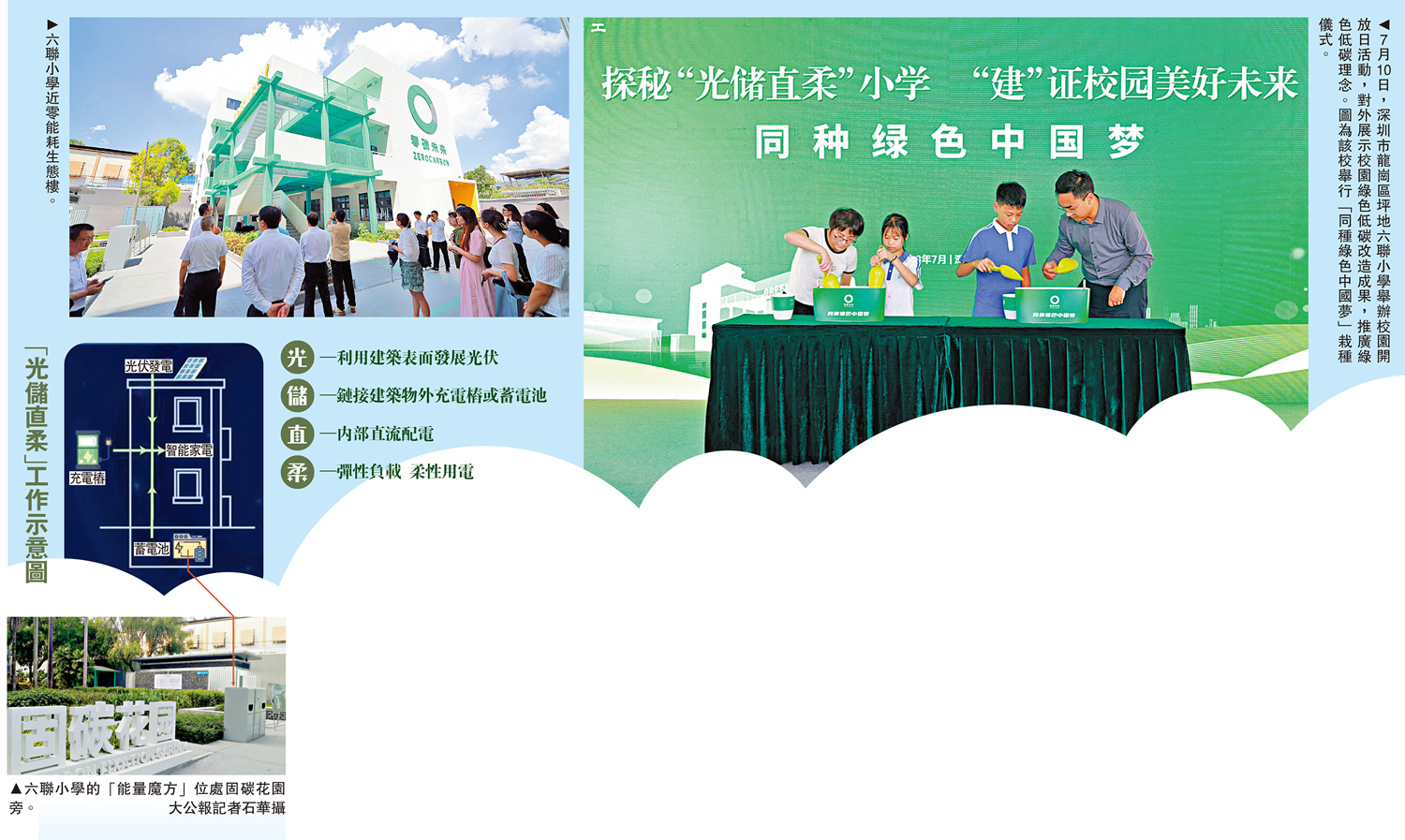 　　左圖：六聯小學近零能耗生態樓。右圖：7月10日，深圳市龍崗區坪地六聯小學舉辦校園開放日活動，對外展示校園綠色低碳改造成果，推廣綠色低碳理念。圖為該校舉行「同種綠色中國夢」栽種儀式。
