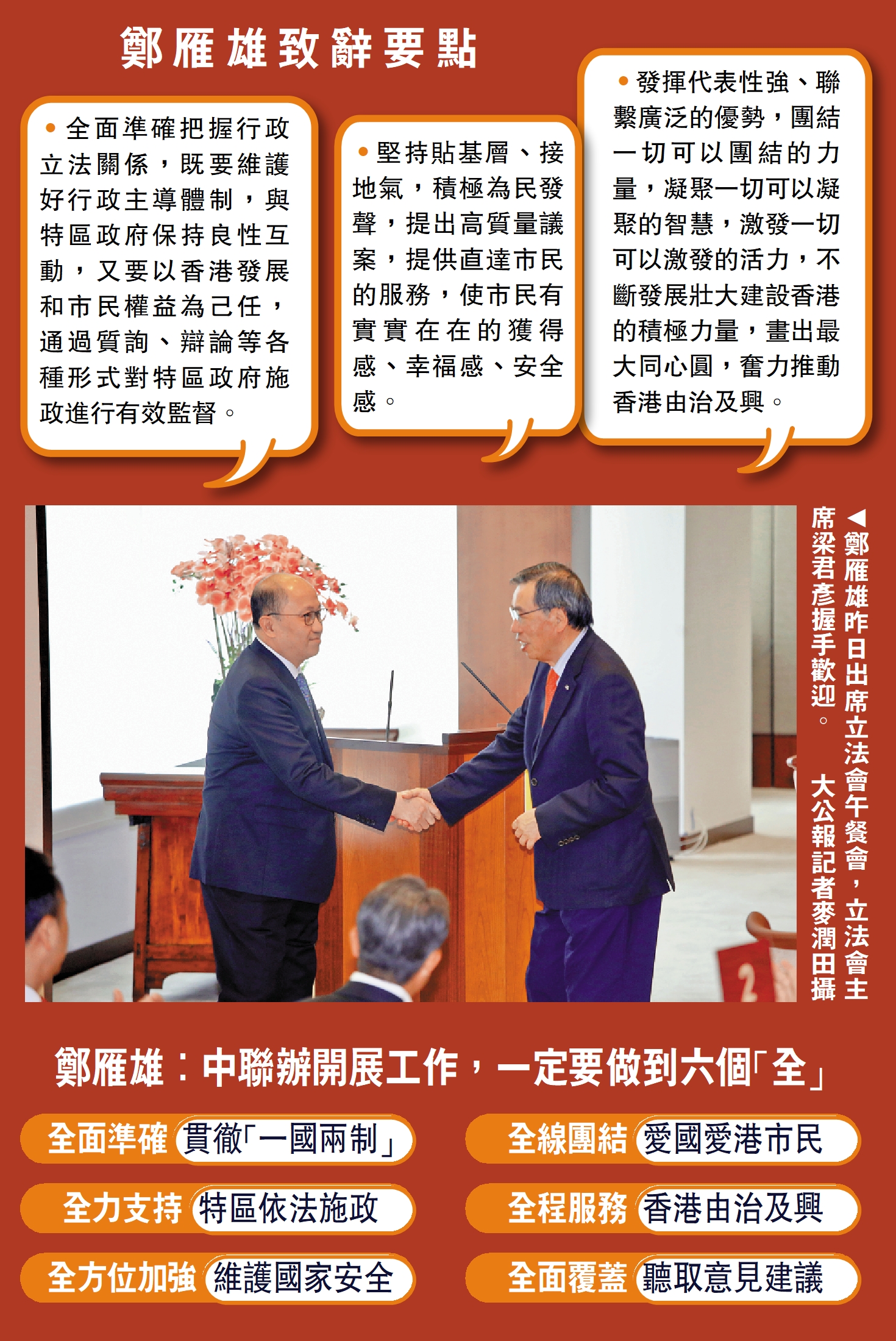 　　圖：鄭雁雄昨日出席立法會午餐會，立法會主席梁君彥握手歡迎。\大公報記者麥潤田攝