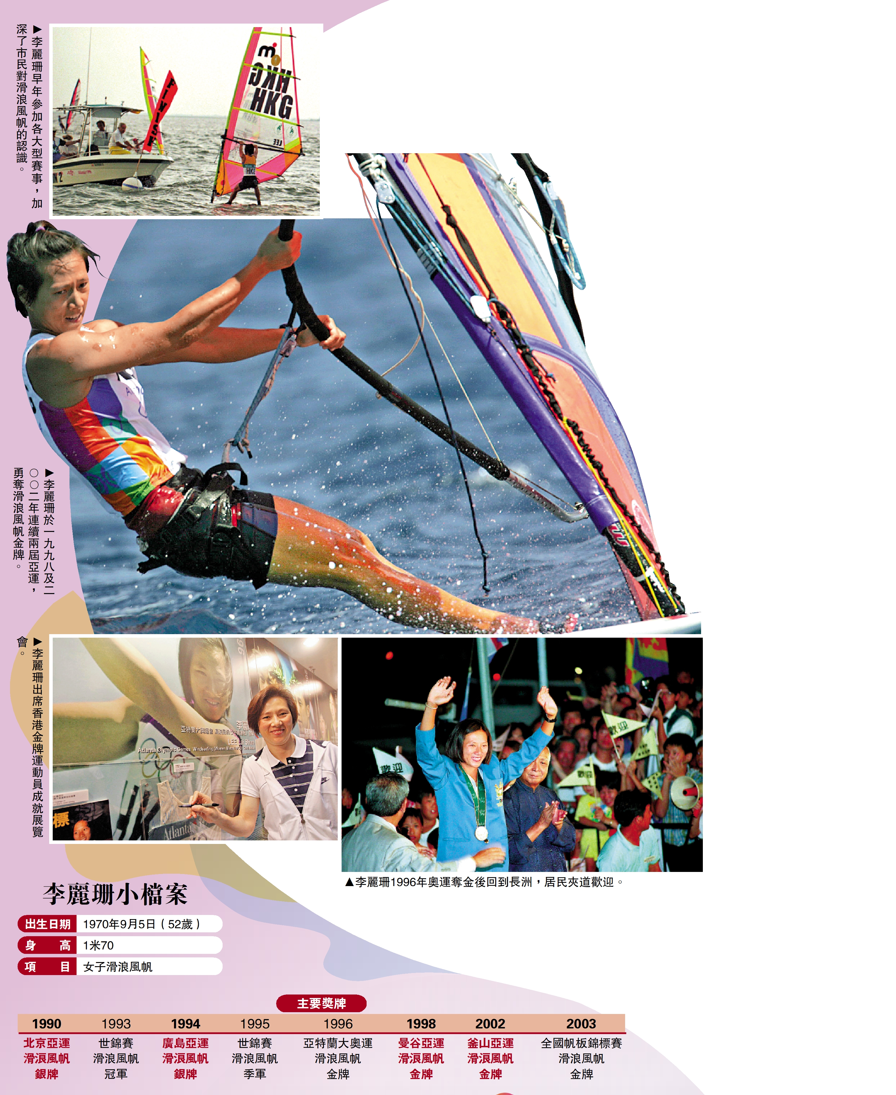 　　圖：李麗珊於一九九八及二○○二年連續兩屆亞運，勇奪滑浪風帆金牌。