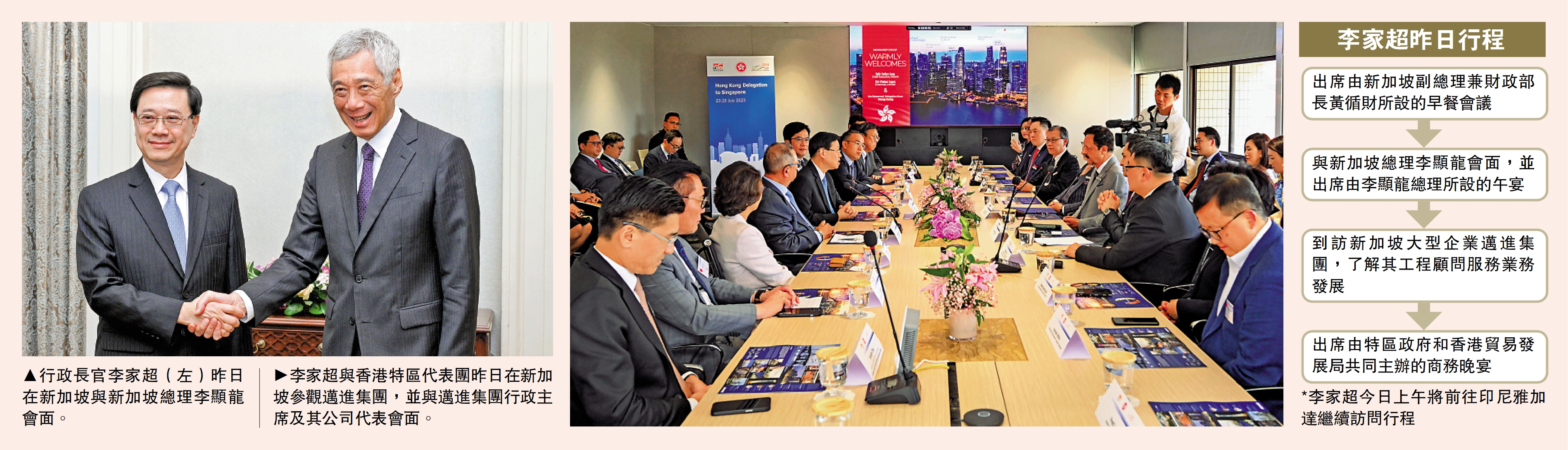 　　左圖：行政長官李家超（左）昨日在新加坡與新加坡總理李顯龍會面。右圖：李家超與香港特區代表團昨日在新加坡參觀邁進集團，並與邁進集團行政主席及其公司代表會面。