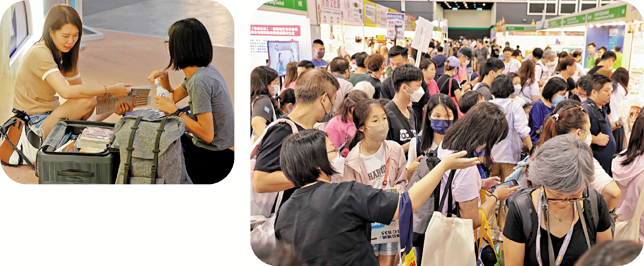 　　左圖：一連七日的香港書展昨日結束，大批書迷趕搭尾班車大手買入自己喜愛的書籍。右圖：今年書展入場人次近100萬，較去年增加15萬。