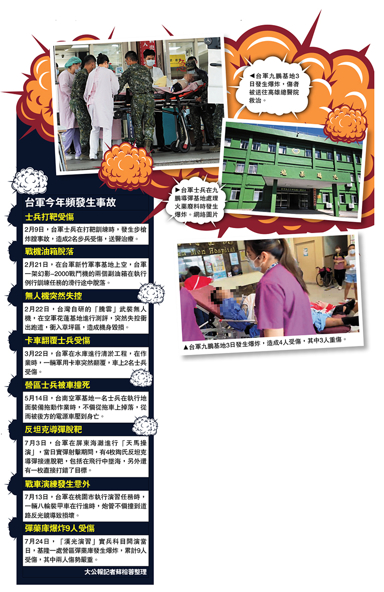 　　上圖：台軍九鵬基地3日發生爆炸，傷者被送往高雄總醫院救治。；中圖台軍士兵在九鵬導彈基地處理火藥廢料時發生爆炸。\網絡圖片；下圖：台軍九鵬基地3日發生爆炸，造成4人受傷，其中3人重傷。