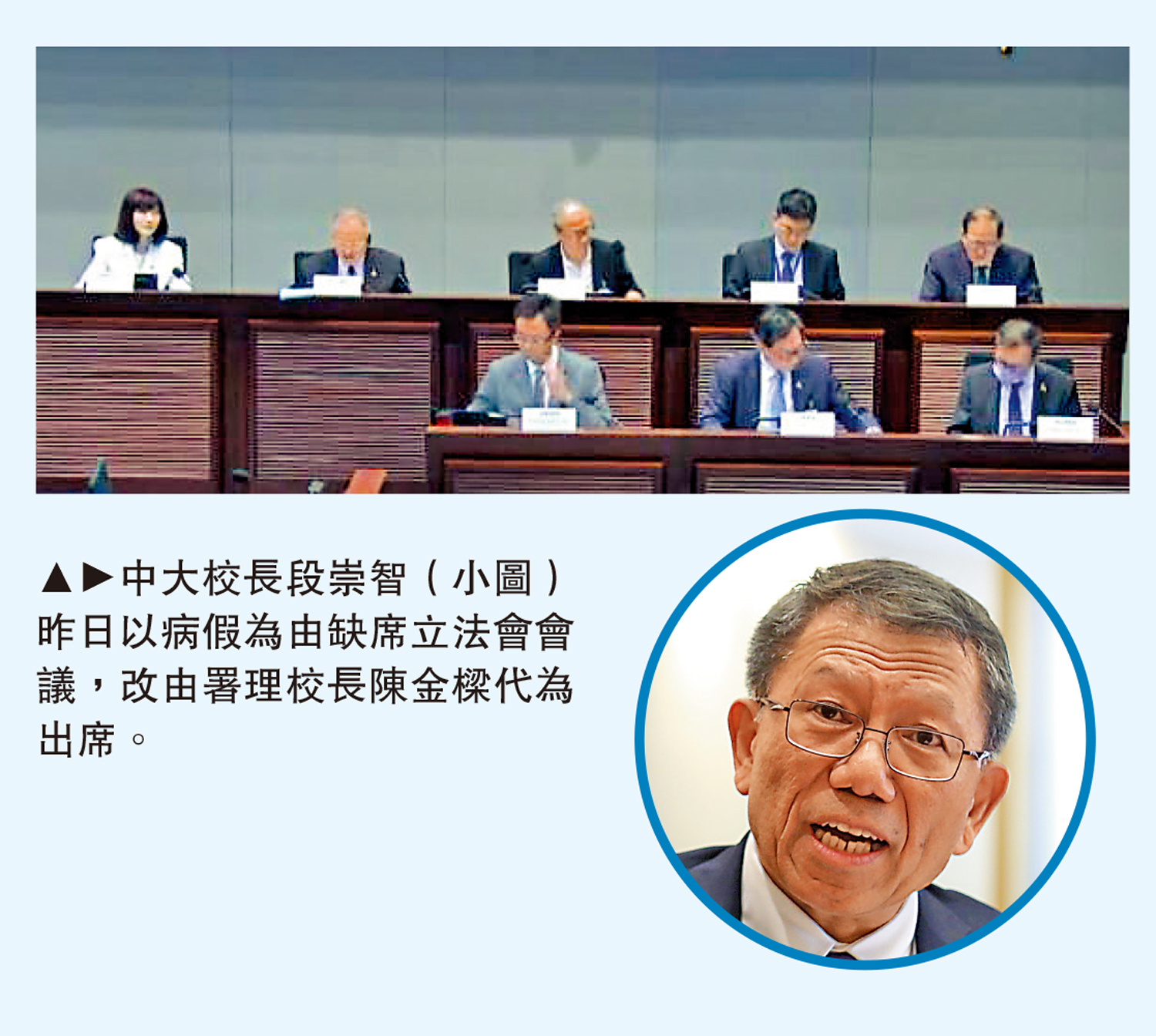 　　圖：中大校長段崇智（小圖）昨日以病假為由缺席立法會會議，改由署理校長陳金樑代為出席。