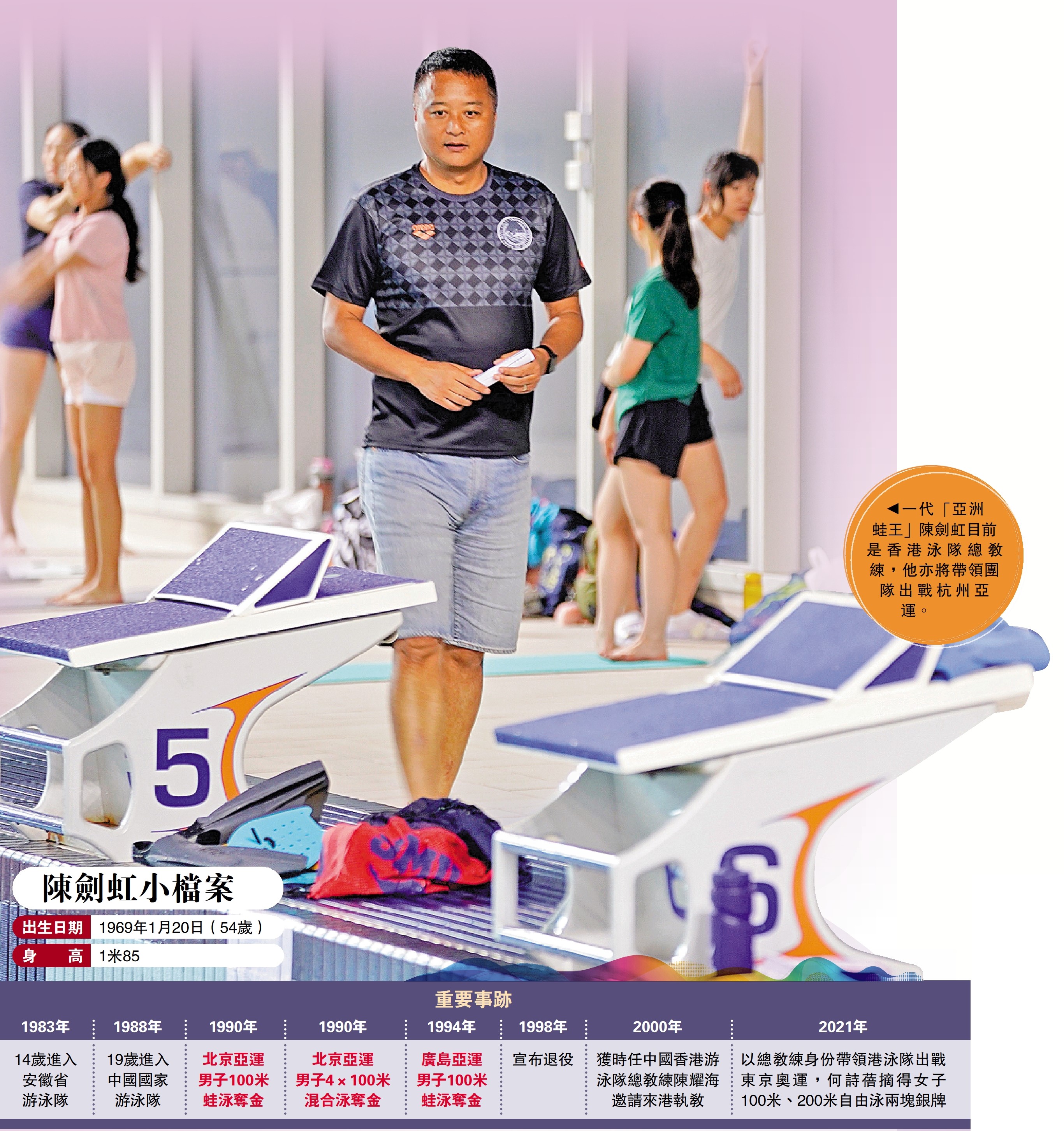 　　圖：一代「亞洲蛙王」陳劍虹目前是香港泳隊總教練，他亦將帶領團隊出戰杭州亞運。