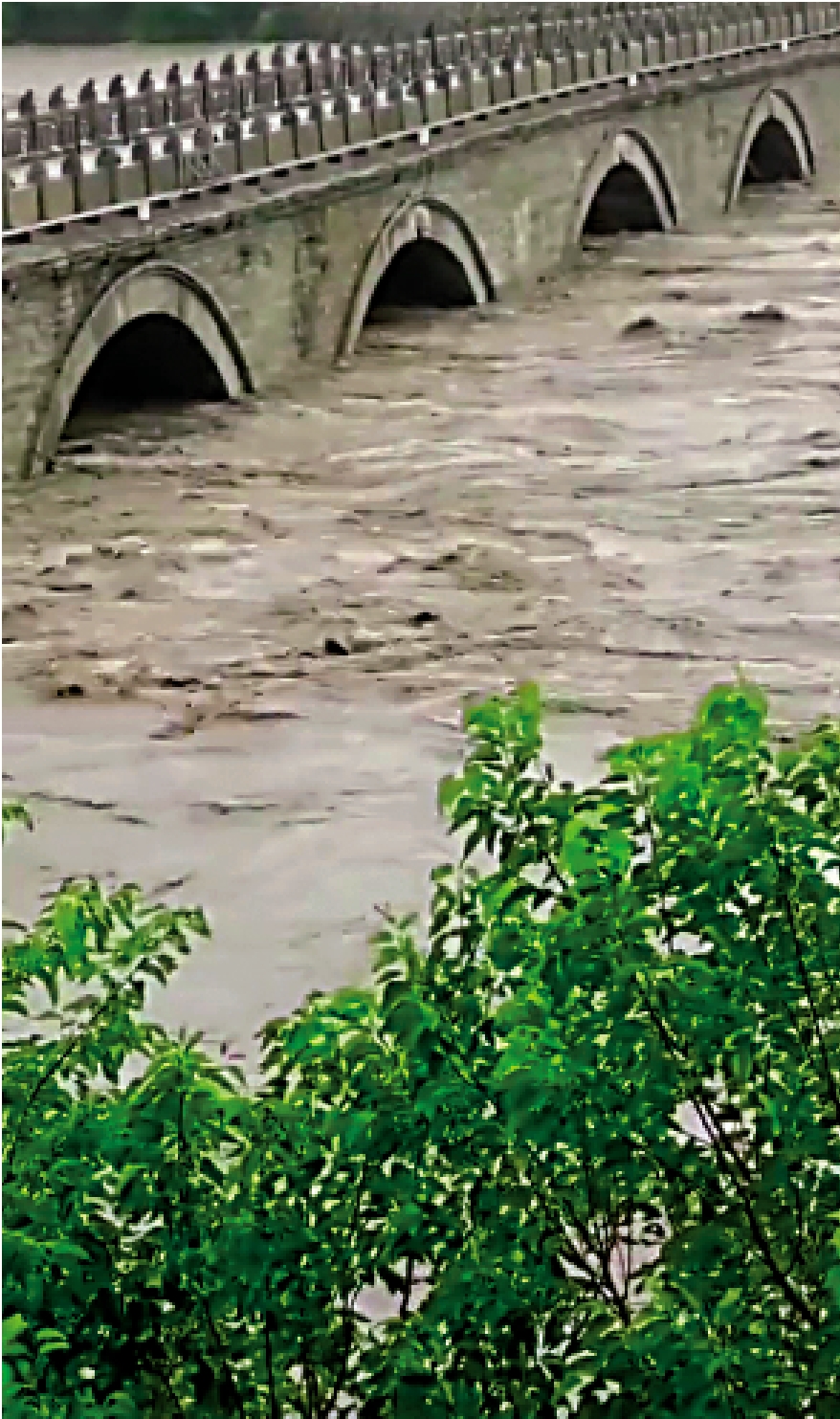 　　圖：日前洪汛高峰時，永定河水一度漫過橋墩，水位直逼盧溝橋券洞頂。