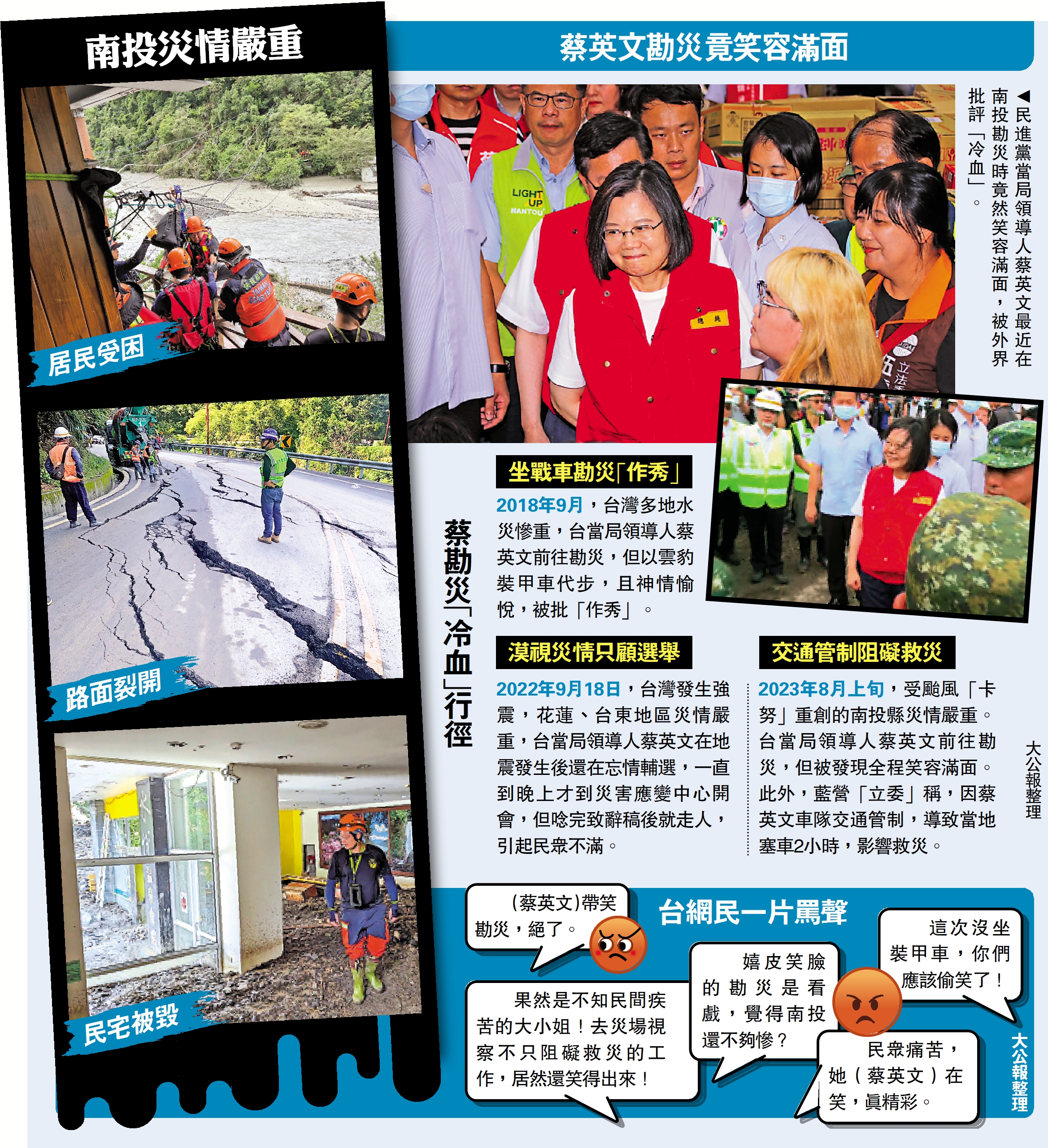 　　圖：民進黨當局領導人蔡英文最近在南投勘災時竟然笑容滿面，被外界批評「冷血」。