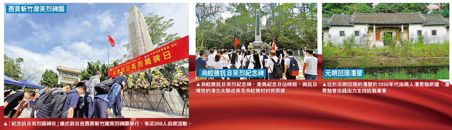 　　圖：（左）「紀念抗日英烈謁碑日」儀式前日在西貢斬竹灣英烈碑園舉行，有近200人出席活動。（中）烏蛟騰抗日英烈紀念碑，是為紀念日佔時期，為抗日犧牲的港九大隊成員及烏蛟騰村村民而建。（右）位於元朗凹頭的潘屋於1930年代由商人潘君勉所建。潘君勉曾出錢出力支持抗戰事業。