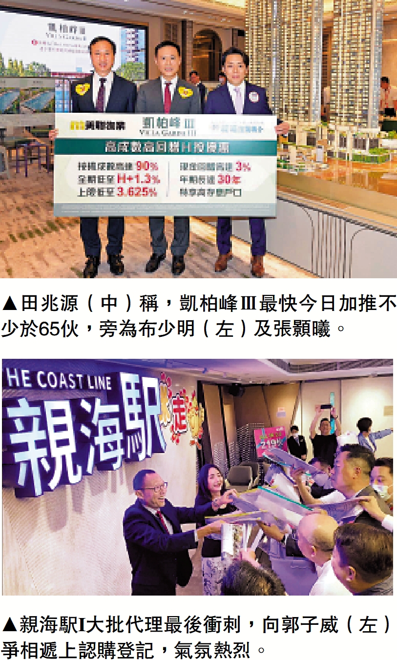 　　上圖：田兆源（中）稱，凱柏峰Ⅲ最快今日加推不少於65伙，旁為布少明（左）及張顥曦。下圖：親海駅I大批代理最後衝刺，向郭子威（左）爭相遞上認購登記，氣氛熱烈。